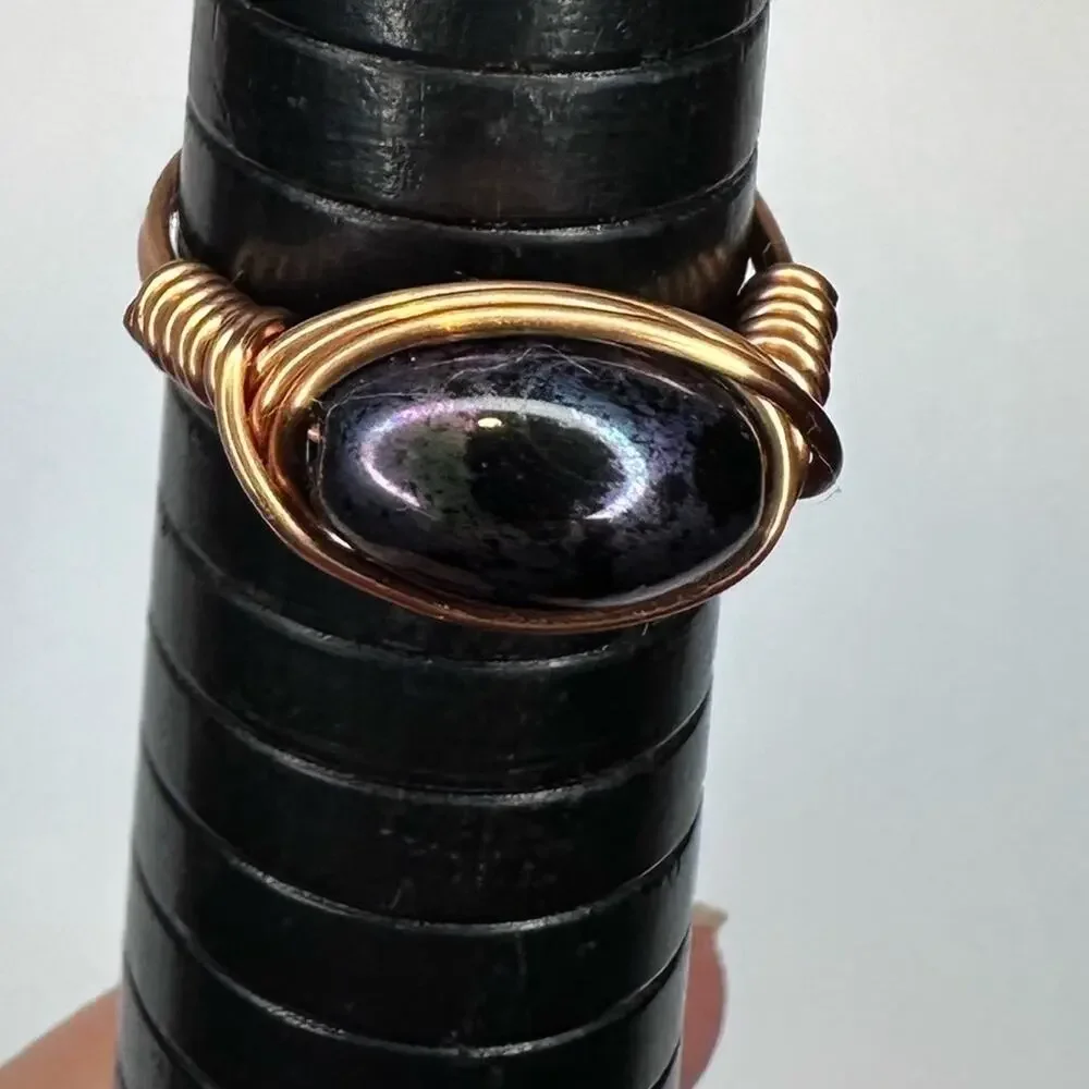 Copper ring Dark glass bead Handmade wire wrap size 7